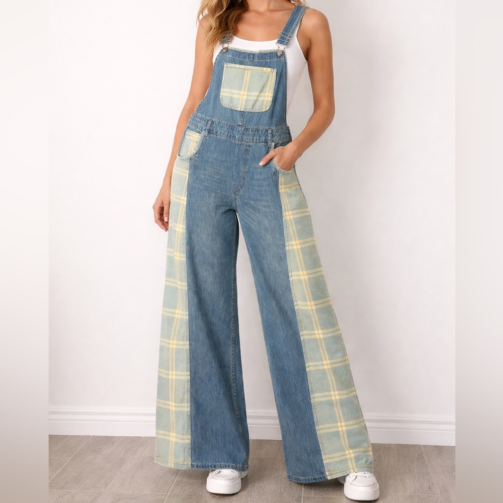 Aaron & Amber Bib Overalls Women’s Medium Blue Flare Plaid Denim Wide Leg